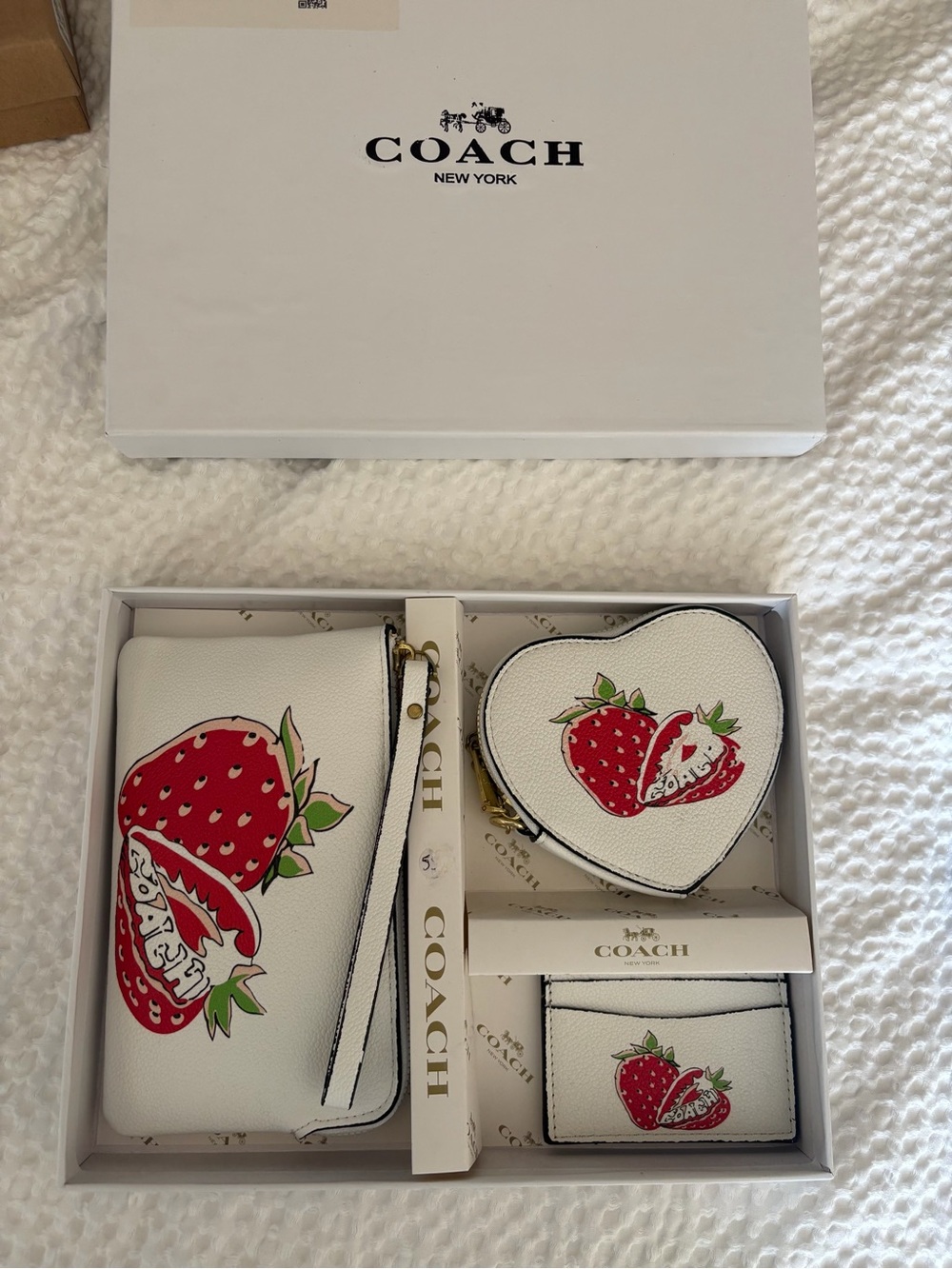 Coach White Leather Strawberry Wallet, Heart Coin Pouch & Card Case Set